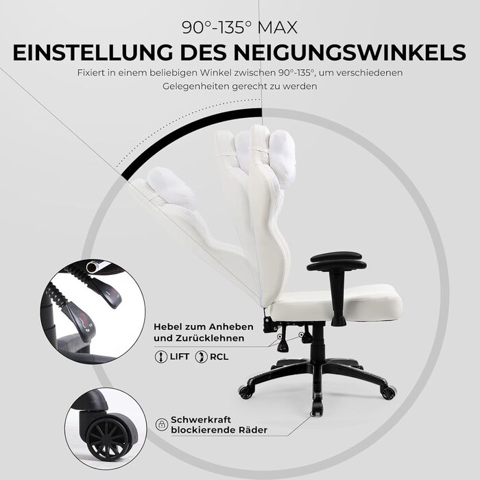 Ігровий крісло Dowinx з PU шкіри, ергономічний комп'ютерний крісло для геймерів, великий офісний крісло з регульованим нахилом та високою спинкою (Білий)