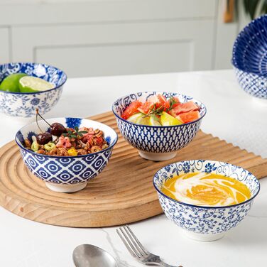 Набір супових тарілок з кераміки, 709 мл, глибокі миски для мюслі, порцеляна, 6 шт., вінтажний блакитний колір