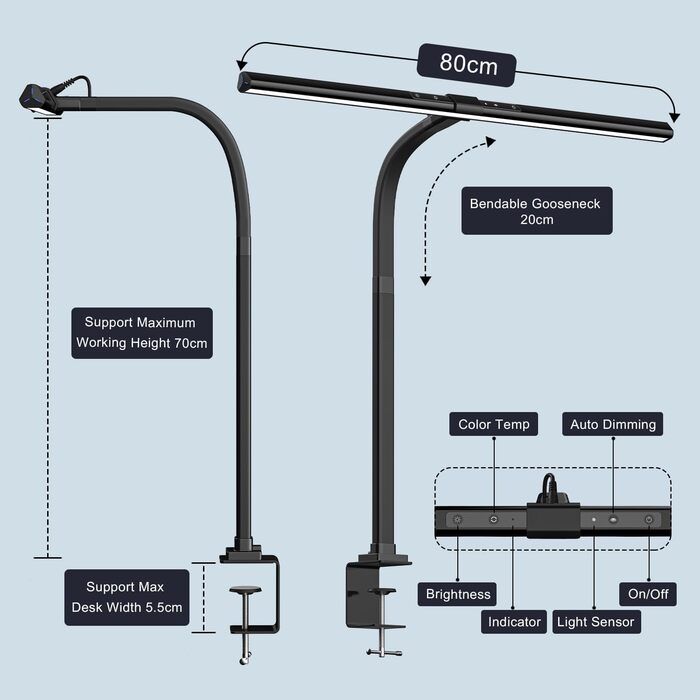 LED лампа для столу 24W, 80 см, регульована яскравість, зміна колірної температури, захист очей, без відблисків, для офісу та дому