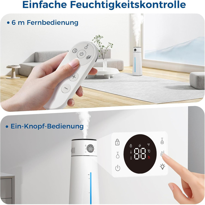 Зволожувач повітря для спальні, 4л, тихий ультразвуковий, з поворотною на 360° форсункою, пультом дистанційного керування, автоматичним вимкненням, 40 годин роботи, таймером, для дитячої кімнати, офісу, рослин