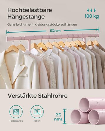 SONGMICS Стійка для одягу на коліщатках, важка, висувна штанга, до 100 кг, рожева HSR013R01, 92-132 см