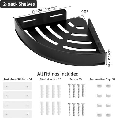 Поличка для душу без свердління, кутова, з нержавіючої сталі, з алюмінію, чорна - 2 шт.