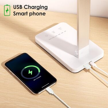 LED-лампа настільна з бездротовою зарядкою та годинником - настільна лампа з регулюванням яскравості, USB-порт, 3 режими, білий колір (Mt862-eu-white)