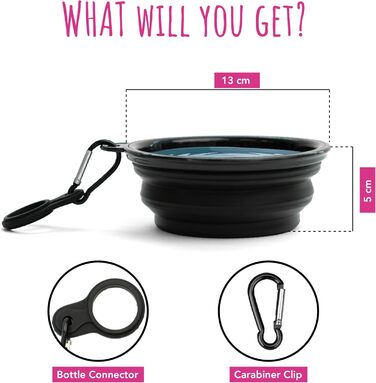Складаний миска для собак TDL, 350 мл, чорний: для води та корму, з карабіном та тримачем для пляшки
