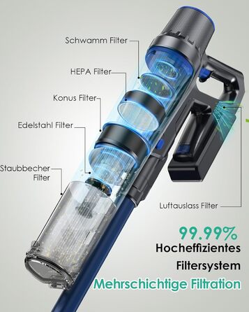 Бездротовий акумуляторний пилосос з функцією миття підлоги, 45000 Па/550 Вт/60 хв, безщітковий двигун, LED-дисплей, самостійна парковка, для твердих поверхонь, килимів та шерсті тварин, блакитний