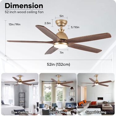 Дзеркальний вентилятор для стелі з дерева, без освітлення, з пультом керування, тихий, для вологого приміщення, 132 см (52 дюйми), коричневий, 5 лопатей