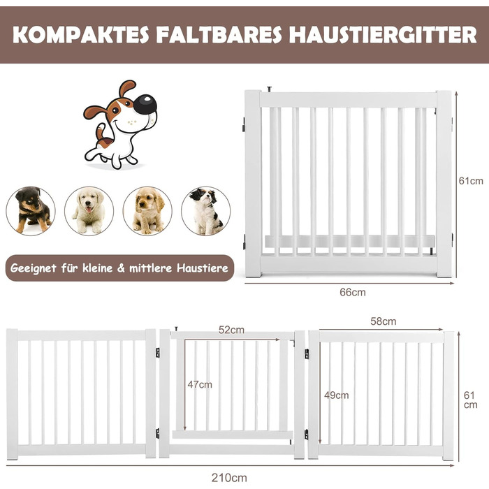 Захисний бар'єр для собак COSTWAY 3 шт., самостійне встановлення, 61 см, дерев'яний, для дому, з дверцятами, складний, для каміну та сходів (білий)