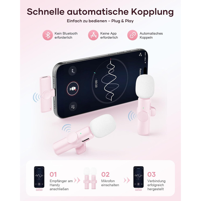 Беспроводной петличный микрофон 2шт, для iPhone, iPad, Android, с шумоподавлением, Plug & Play, для видео, подкастов, YouTube, TikTok (Рожевий)