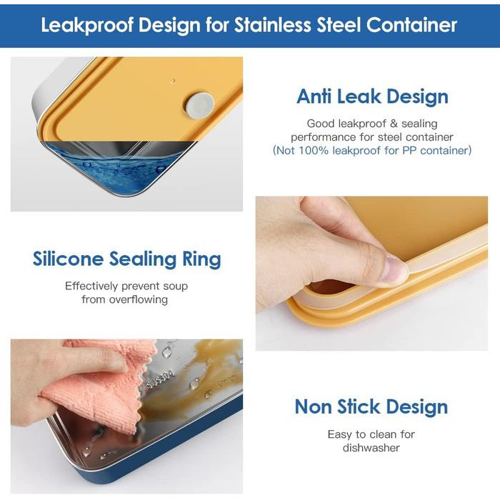 HOLIPOT Ланчбокс Bento Box з роздільниками, 2 рівні, з нержавіючої сталі та PP, з ложкою та виделкою, сумка, для дітей та дорослих, блакитний