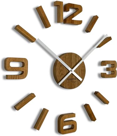 FLEXISTYLE 3D Wall Clocks DIY Oak Large 50-75CM (Thickness 19MM!) for Office Living Room Bedroom Decorative Items, z54g eco75 d-1-x (Oak/White, Oak)