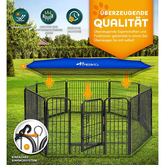 ТресКо® вольєр для цуценят 60 см, з дахом та анкерами | Вольєр для собак 8-секційний | Розкладний вольєр для собак з дверцятами | Збірка без інструментів | Вольєр для тварин, стійкий до погодних умов 77 x 60 см