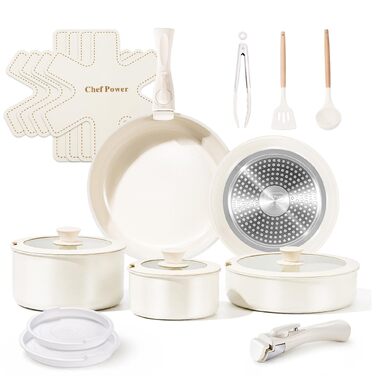 Набір посуду Chef Power 19 предметів: каструлі та сковорідки з titan-керамічним антипригарним покриттям та знімними ручками, білий (для всіх типів плит, підходить для духовки)
