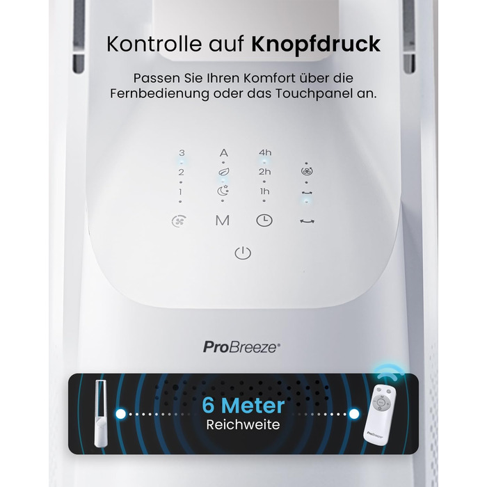 Вентилятор без лопатей Pro Breeze 101 см з пультом, LED дисплеєм, 6 швидкостями, 5 режимами, автоколиванням 60° та таймером 7 годин - білий