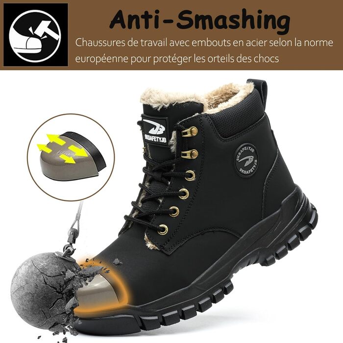 Зимові робочі черевики для чоловіків та жінок. Водонепроникні, з металевим носком, легкі, теплі, чорні. Безпечні черевики з антиковзкою підошвою. Розмір 42 EU