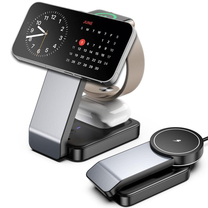 Бездротовий зарядний пристрій MagSafe 3-в-1 15W для iPhone 16/15/14 Pro Max, Apple Watch (iWatch 10/SE/9) та AirPods Pro - Чорний