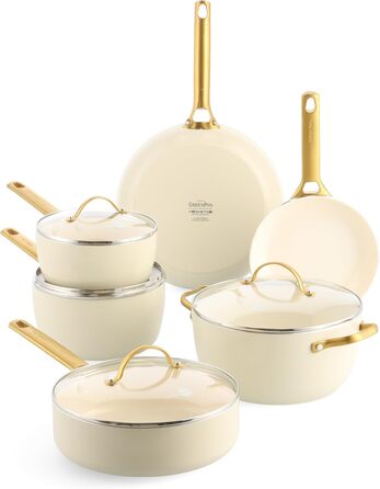 Набір посуду GreenPan Reserve з нержавіючою сталлю Hartelox, 10 предметів, з антипригарним покриттям, для індукційних плит, сумісний з духовкою, безпечний, кремовий