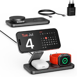 База для бездротової зарядки Voomy 3-в-1 з підтримкою MagSafe, для iPhone, AirPods та Apple Watch, 15W, складана, швидка зарядка, з USB-C кабелем та адаптером (Чорний)