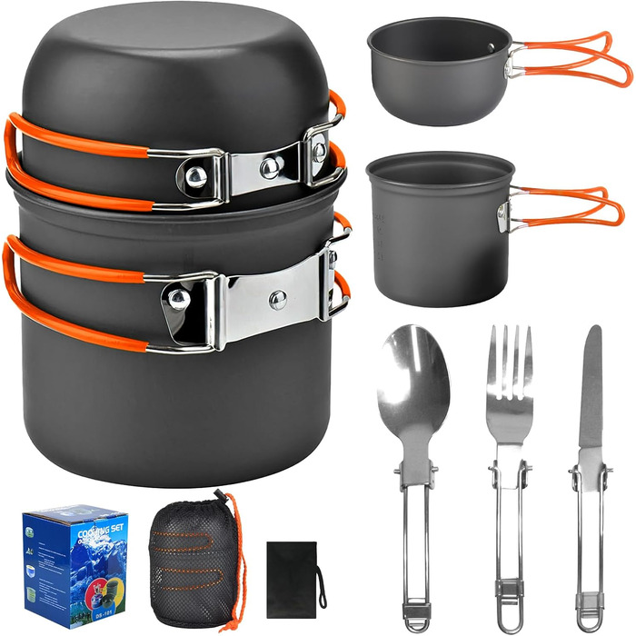 Набір посуду для кемпінгу та приготування їжі на природі (1-2 особи), легкий, для туризму та подорожей