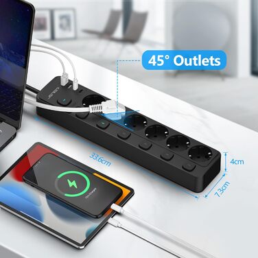 Многорозеткова смуга JSVER 5-портова з індивідуальним вимикачем, 2 USB-A та 2 USB-C (17W), розширювач на 2м для смартфонів, ноутбуків - білий (чорний 6-портова)