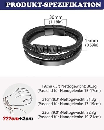 Чоловічий браслет на руці - шкіряний браслет з нержавіючою сталевою магнітною застібкою - плетений шкіряний браслет - браслети для чоловіків як подарунок на день народження, День святого Валентина, Різдво або День батька Чорний 21см