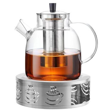 Скляний чайник для заварювання чаю 1800 мл з підставкою-підігрівачем, кришкою та ситом для листового чаю та чайних пакетів