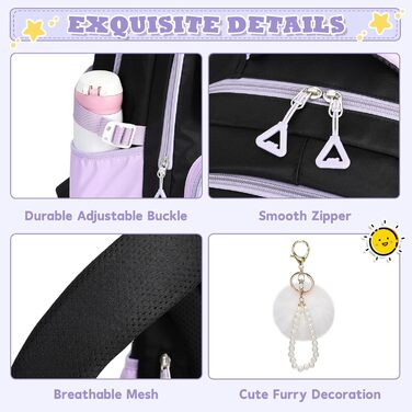 Дитячий рюкзак для школи для дівчаток: Kawaii рюкзак з великою місткістю (3-частинний набір, чорний та фіолетовий)