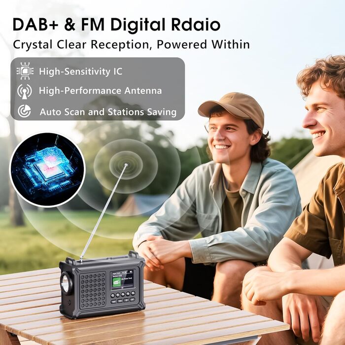 Радіоприймач Kurbelradio з DAB/DAB+/UKW, акумулятор 12000mAh, сонячна панель 8500mm², ручне радіо, Bluetooth 5.0, ліхтарик, ліхтар для читання, Outdoor, кемпінг, зелений (чорний)