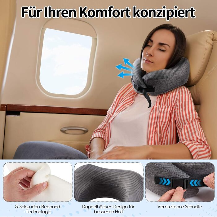 Подушка для шиї у літак, подорожі: Memory Foam, регульована, компактна, з чохлом, навушники, маска для сну (темно-сірий)