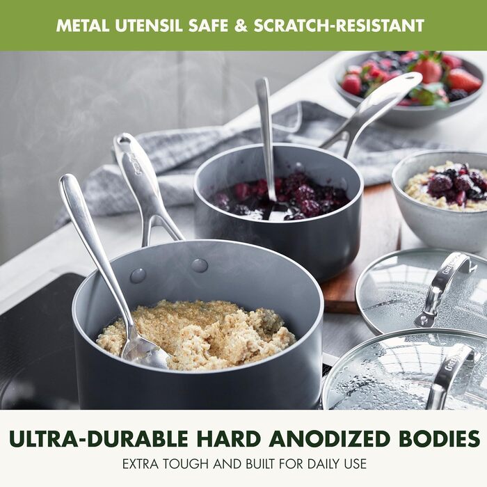 GreenPan Valencia Pro 16-Piece Cookware Set with Harteloxed, Healthy, Ceramic Non-Stick Coating, PFAS-Free, Induction, Dishwasher Safe, Oven Safe, Gray Cookware Set