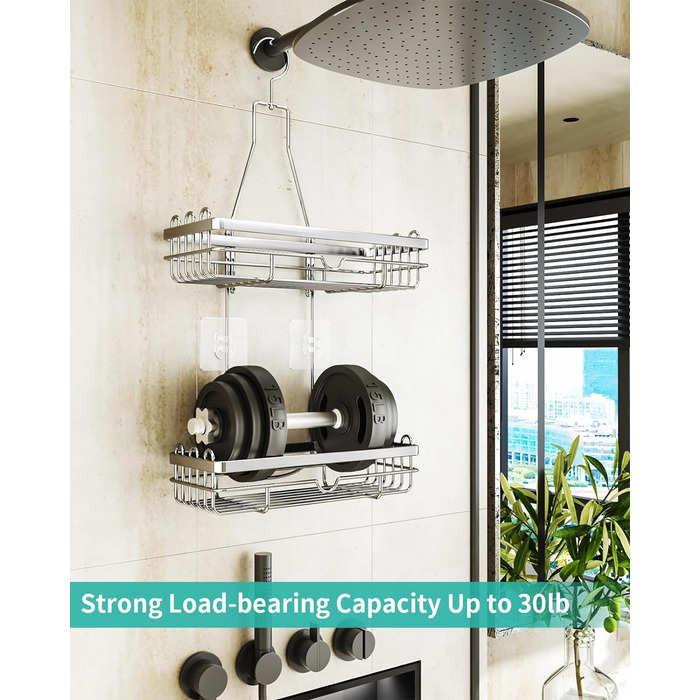 HapiRm Shower Shelf for Hanging, Hanging Shower Rack with Multiple Hooks - High-Quality Hanging Shower Basket Stainless Steel, No Drilling Required, Silver