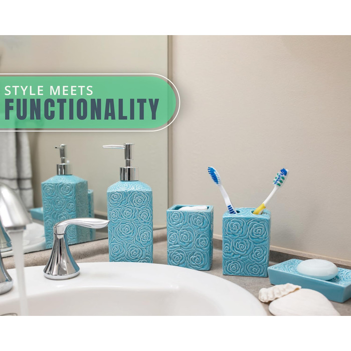 Designer 4-Piece Bathroom Accessory Set - Ceramic Bathroom Set with Liquid Soap or Lotion Dispenser, Toothbrush Holder, Cup, and Soap Dish - Decorative Set with Embossed Details - Vanity Accessory
