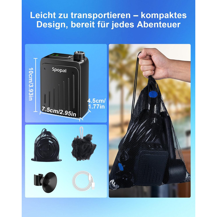 Портативний душ для кемпінгу Spopal 5000mAh, водонепроникний IPX8, з насосом, насадкою, гачком. Для туризму, пляжу, авто, миття тварин