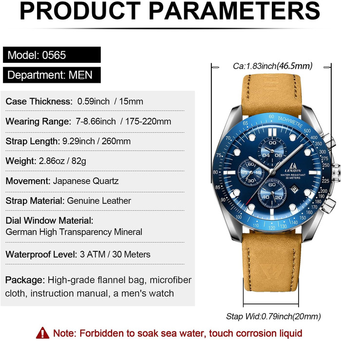 Годинник чоловічий LN LENQIN аналоговий кварцовий з датою, водостійкий 30M, модальний, повсякденний, коричневий, сріблястий, блакитний, без хронографа