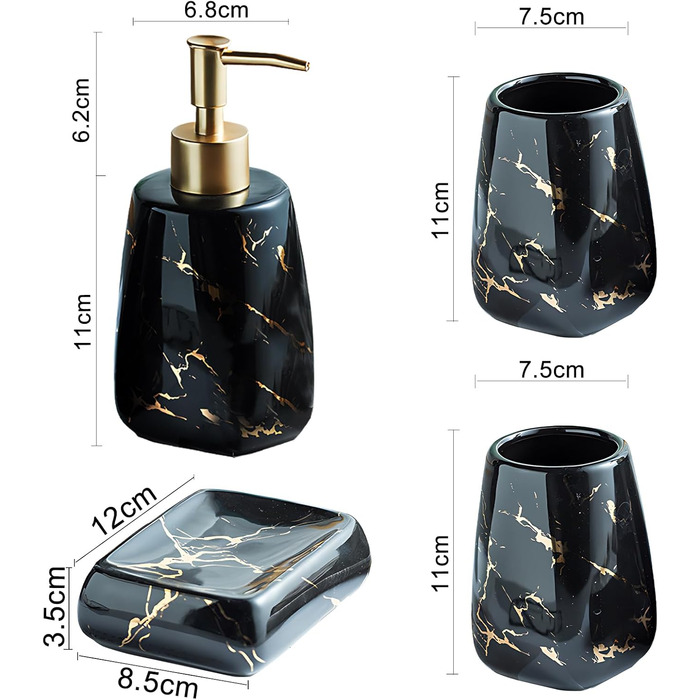 Набір аксесуарів для ванної кімнати XUDREZ: лосіонниця, стаканчик для зубних щіток, мильниця, чорний глянець (3 шт.)
