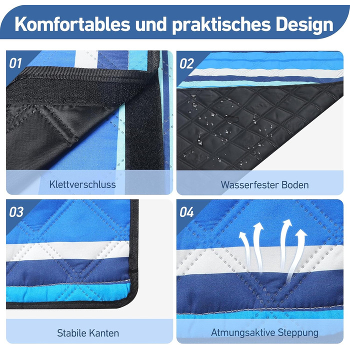 Водонепроникний плед для пікніка Boho 200x200см, XXL. Плед для пікніка, пляжу, кемпінгу, з бавовни, пісконепроникний, пральний, туристичний. Синій у смужку