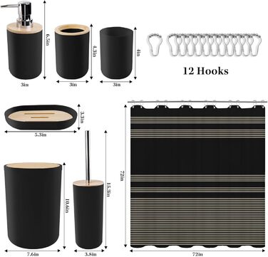 Набір аксесуарів для ванної кімнати Britimes, чорний: шторка для душу, сміттєвий бак, дозатор мила, тримач для унітазу, тримач для зубних щіток та стаканчик для зубних щіток