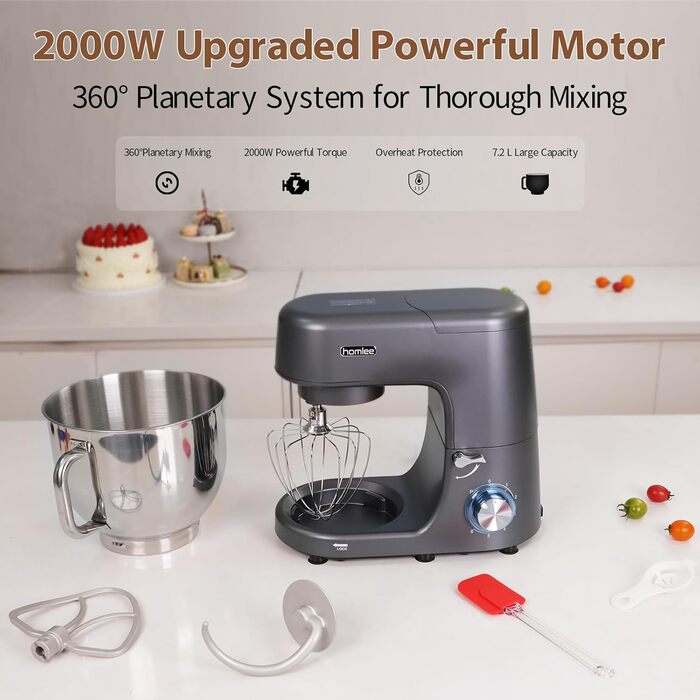 Кухонна машина-міксер 1800W з чашею 7.2L з нержавіючої сталі, 6 швидкостей, низький шум, мультифункціональна (сірий)