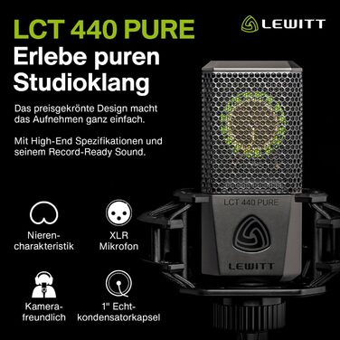 LCT 440 Pure - XLR конденсаторний мікрофон з 1' капсулою: ідеальний для вокалу, інструментів, подкастів та стрімінгу. У комплекті: мікрофонна павутина, поп-фільтр, вітрозахист та транспортна сумка.