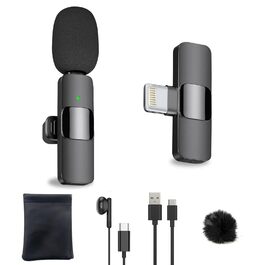 Беспроводной петличный микрофон USB-C 2-в-1 для iPhone, с шумоподавлением KI, мини-микрофон для видеоблогинга, видео, подкастов, интервью, TikTok, YouTube - Черный (2 TX + 1 RX) (для Lightning (1 Mic))