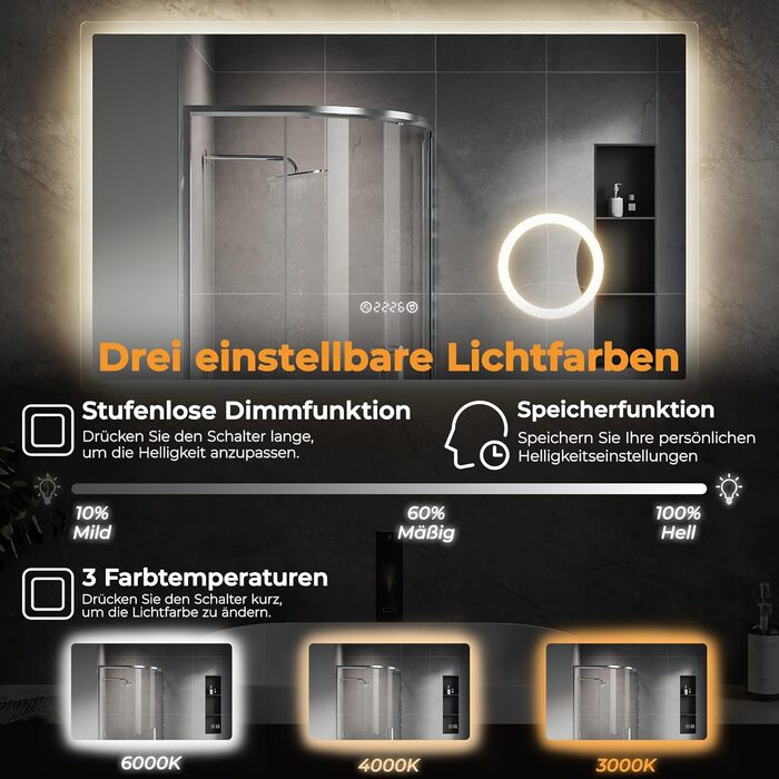 Дзеркало для ванної кімнати SVNR з підсвічуванням 40x60 см, LED, алюмінієва рама, захисне скло, IP44, 3 кольори світла, антизапар, годинник, 5x лупа, розетка для гоління