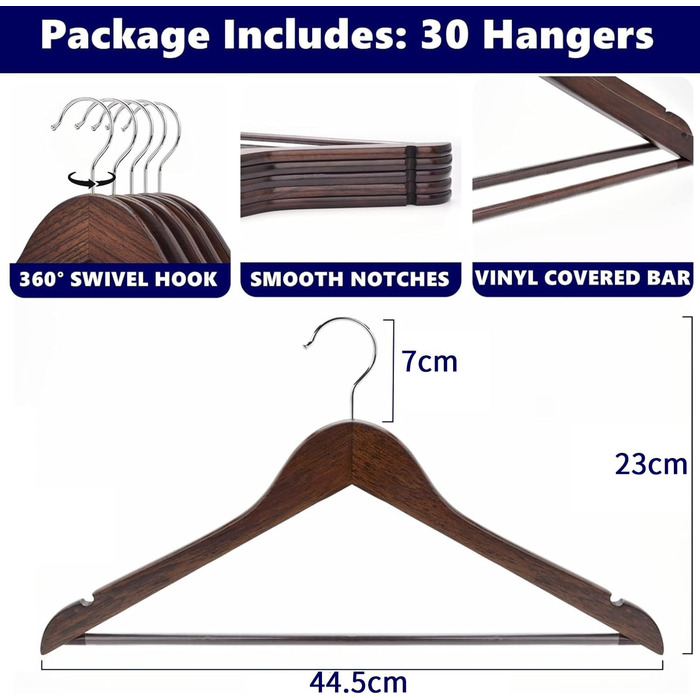 Amber Home 30-Piece 17.5 inch Retro Wooden Clothes Hangers with Bar and Notch, Antique Brown Hanger for T-Shirt, Shirt, Suit, Coat, Dress, Wedding, Camisole