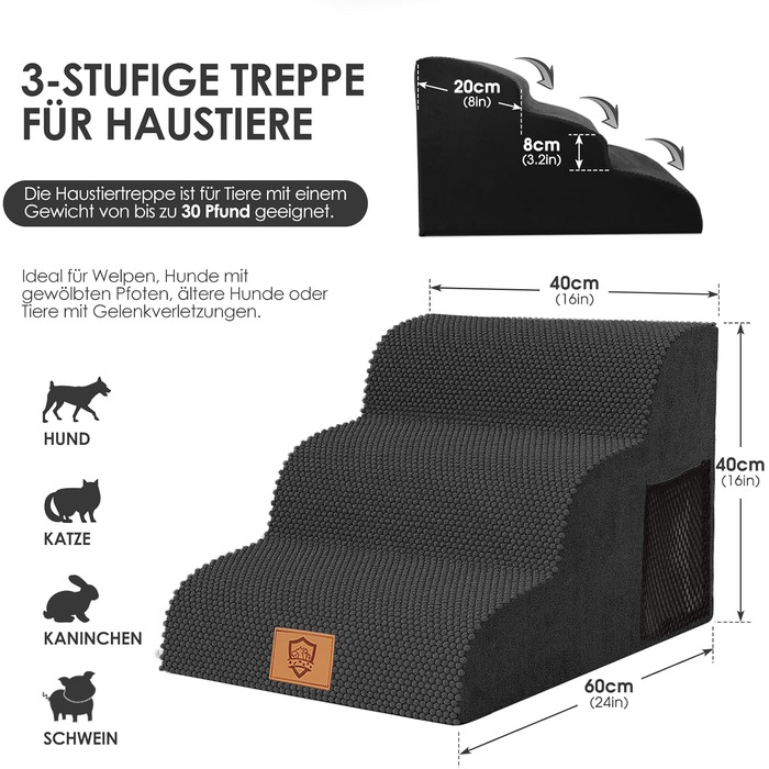 Сходинки для собак Myiosus: 2 сходинки, водонепроникні, протиковзкі, для диванів та ліжок, знімний чохол, портативні, підходять для котів та собак маленьких порід (Чорний)