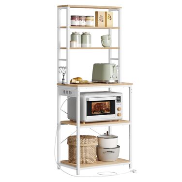 Стелаж кухонний VASAGLE з розетками, 6 полиць, гачки, сталевий каркас, 40x60x167 см, золотий дуб + білий, KKS124Y01 60B