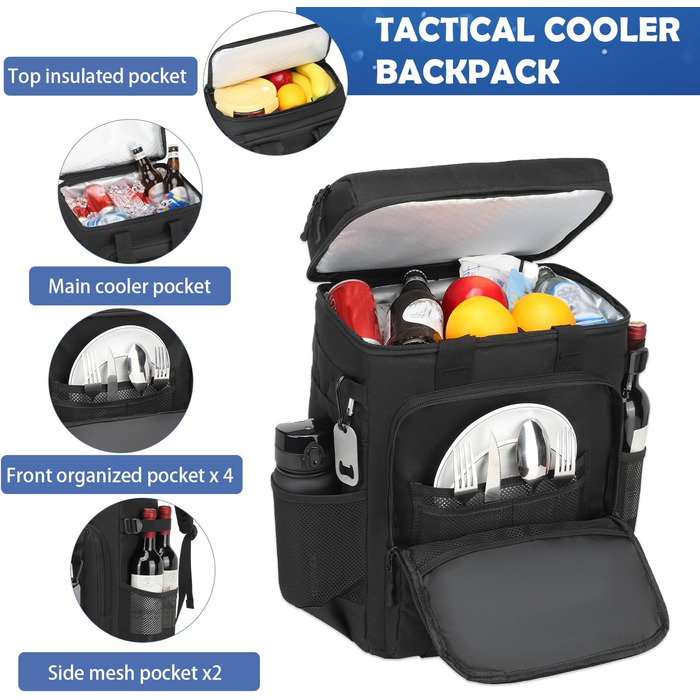 Терморюкзак для пікніка на 42 банки: чорний, тактичний, ізольований, для відпочинку на природі