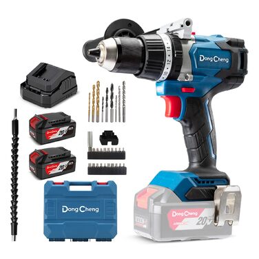 Акумуляторний ударний дриль-шуруповерт DongCheng 18V (2x2.0 Ah), 20+1+1 ступенів моменту, 13 мм патрон, 19-ти частинний набір з аксесуарами (120Nm)