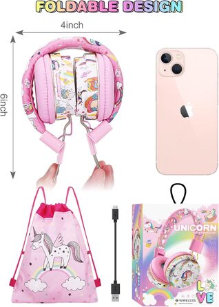 Дитячі навушники JYPS бездротові Over-Ear з мікрофоном для школи та планшету (3-10 років) (рожеві)