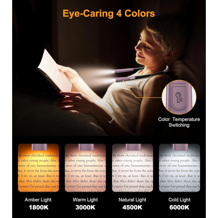 Настільна лампа Gritin для читання, на шию, з 4 кольорами та 5 рівнями яскравості - безступеневе регулювання, захист очей, акумулятор 80 годин, регульована рука, ергономічне світло для читання в ліжку/в'язання/рукоділля (нічне фіолетове)