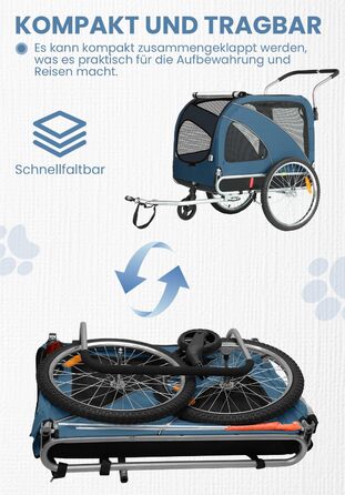 SEPNINE® Причіп для собак XL 2-в-1: велосипедний та візок для собак з відбивачами та гальмом, 600D Oxford Canvas, вантажопідйомність до 40 кг - Оранжевий (Синій)