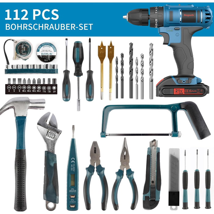 Акумуляторний шурупокрут Bogseth 21V з набором інструментів 112 шт. для дому та саду