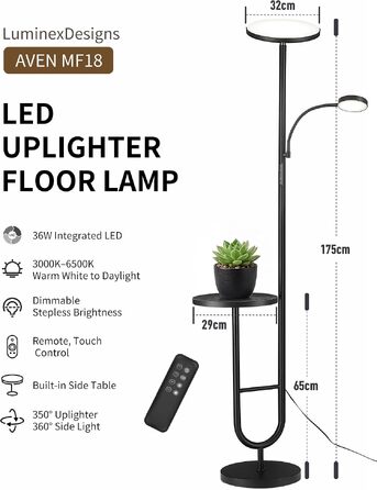 Стійка LED-лампа для вітальні AVEN MF18 A (чорна) з приставним столиком та лампою для читання